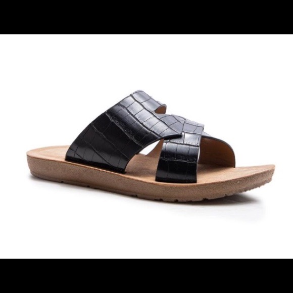 Shoes - BLACK CROCODILE CROSSOVER SLIDE WEDGE SANDALS NWT